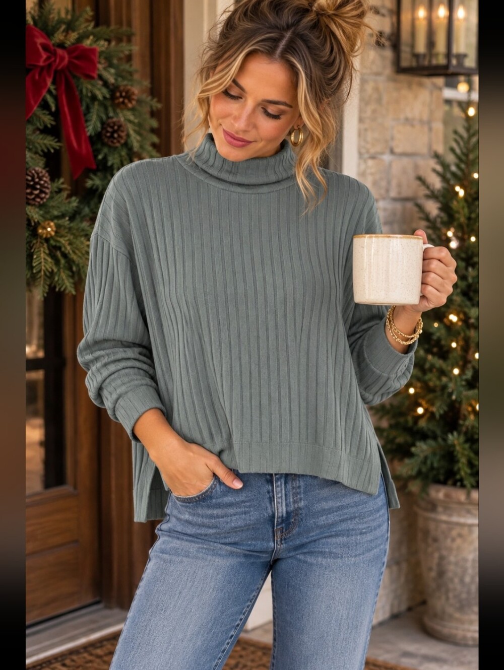 Madewell Soft Sage Green Ribbed Turtleneck High Low Top S